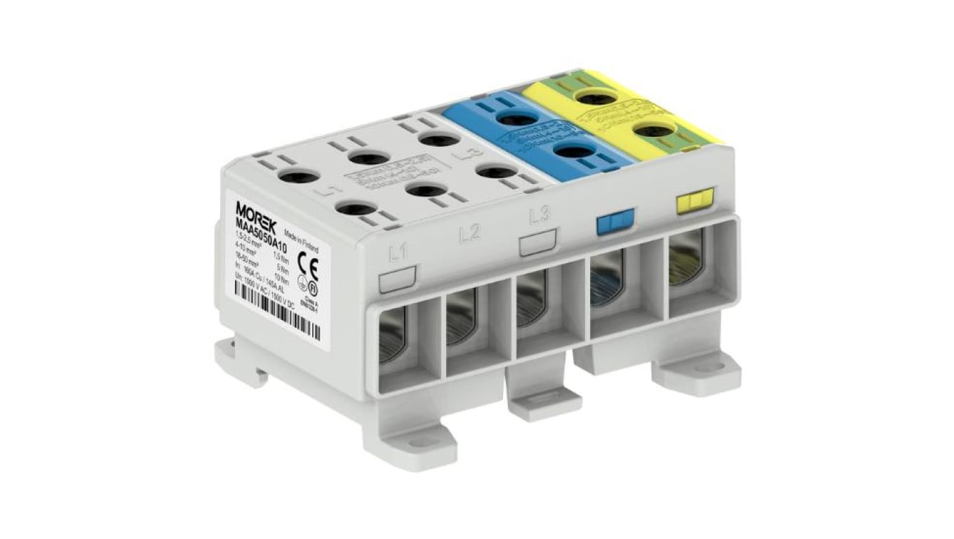 Listwa zaciskowa 5-torowa Al/Cu 1,5-50mm2 160A 1500V na szynę TH35 szary, niebieski, żółto-zielony MOREK