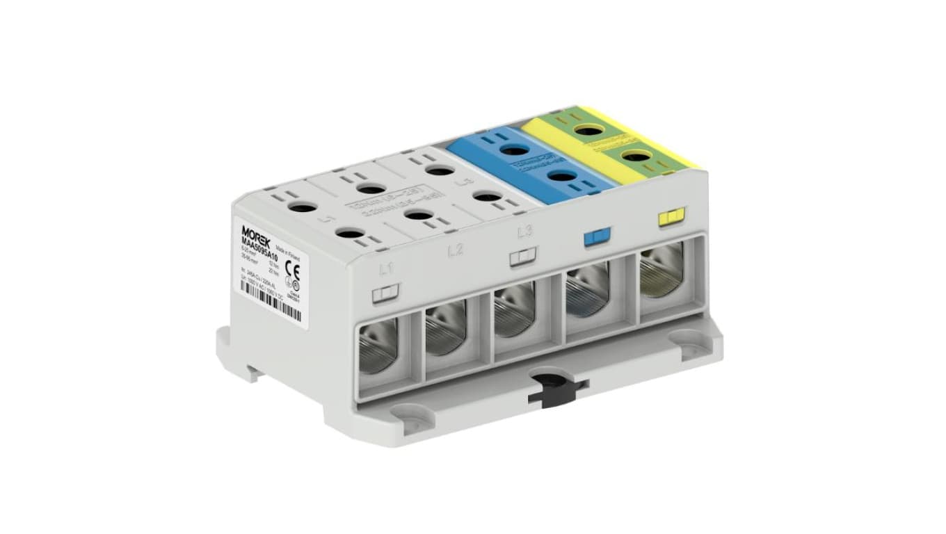 Listwa zaciskowa 5-torowa Al/Cu 6-95mm2 245A 1500V na szynę TH35 szary, niebieski, żółto-zielony MOREK