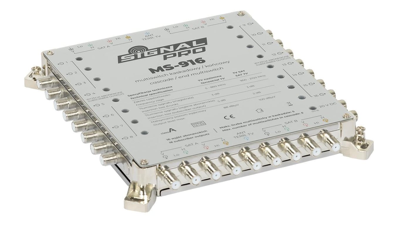 Multiswitch przelotowy MS-916 SIGNAL PROfessional klasa A, 9-wejściowy, 16-wyjściowy z zasilaczem
