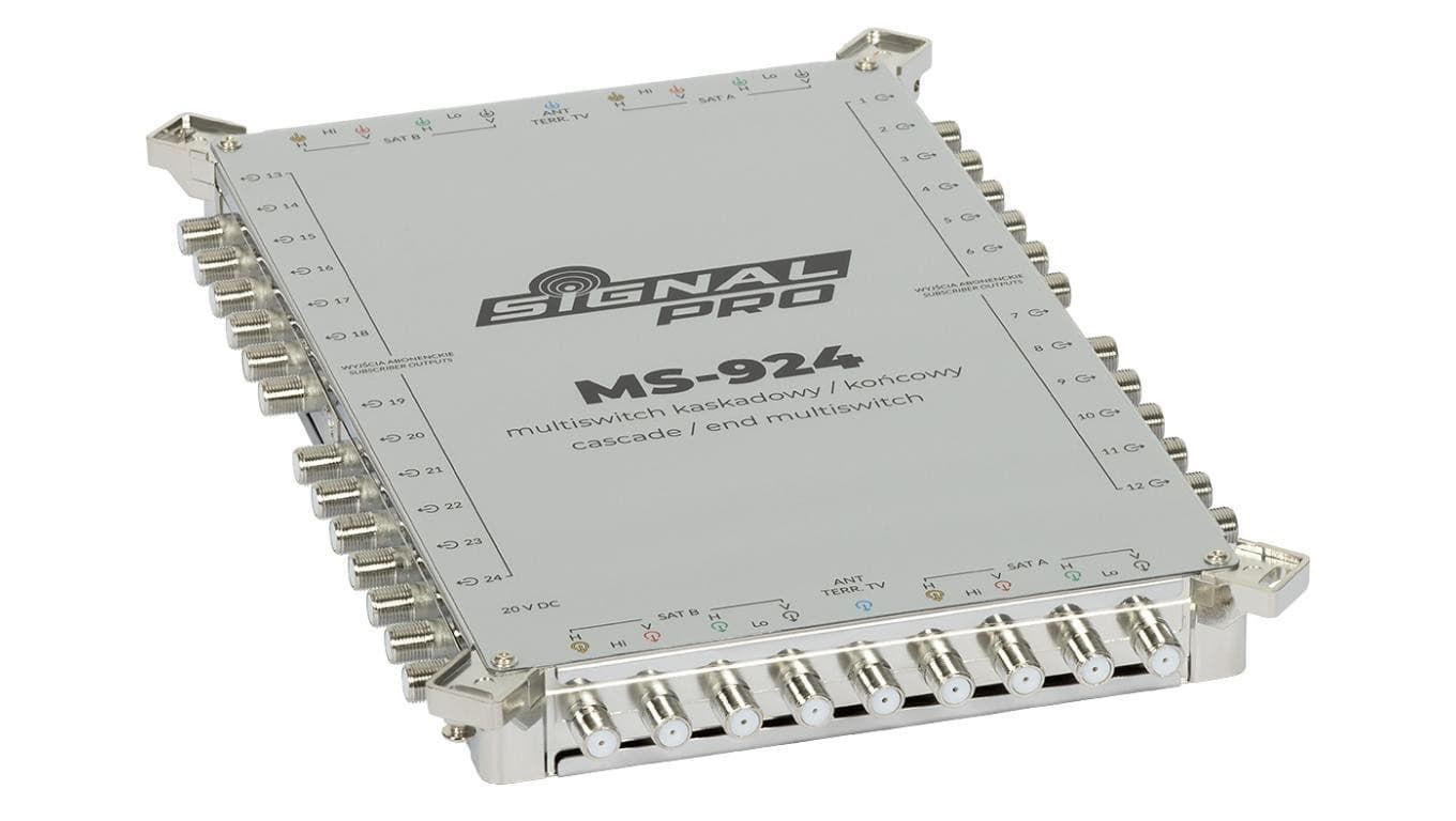 Multiswitch przelotowy MS-924 SIGNAL PROfessional klasa A, 9-wejściowy, 24-wyjściowy z zasilaczem