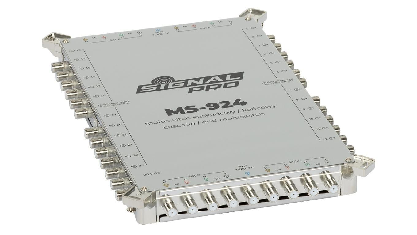 Multiswitch przelotowy MS-924 SIGNAL PROfessional klasa A, 9-wejściowy, 24-wyjściowy z zasilaczem