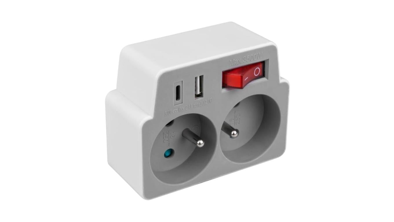 Rozgałęźnik 2 gniazda z uziem i wył + 2x USB DPM