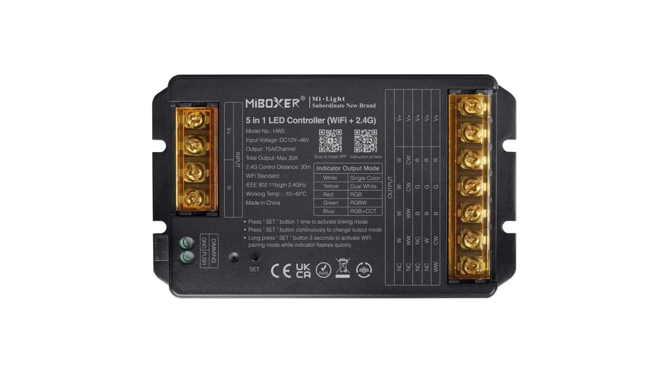 Sterownik LED MiLight uniwersalny 5w1 6A/kan. max.30A Wi-Fi 12-48VDC HW5