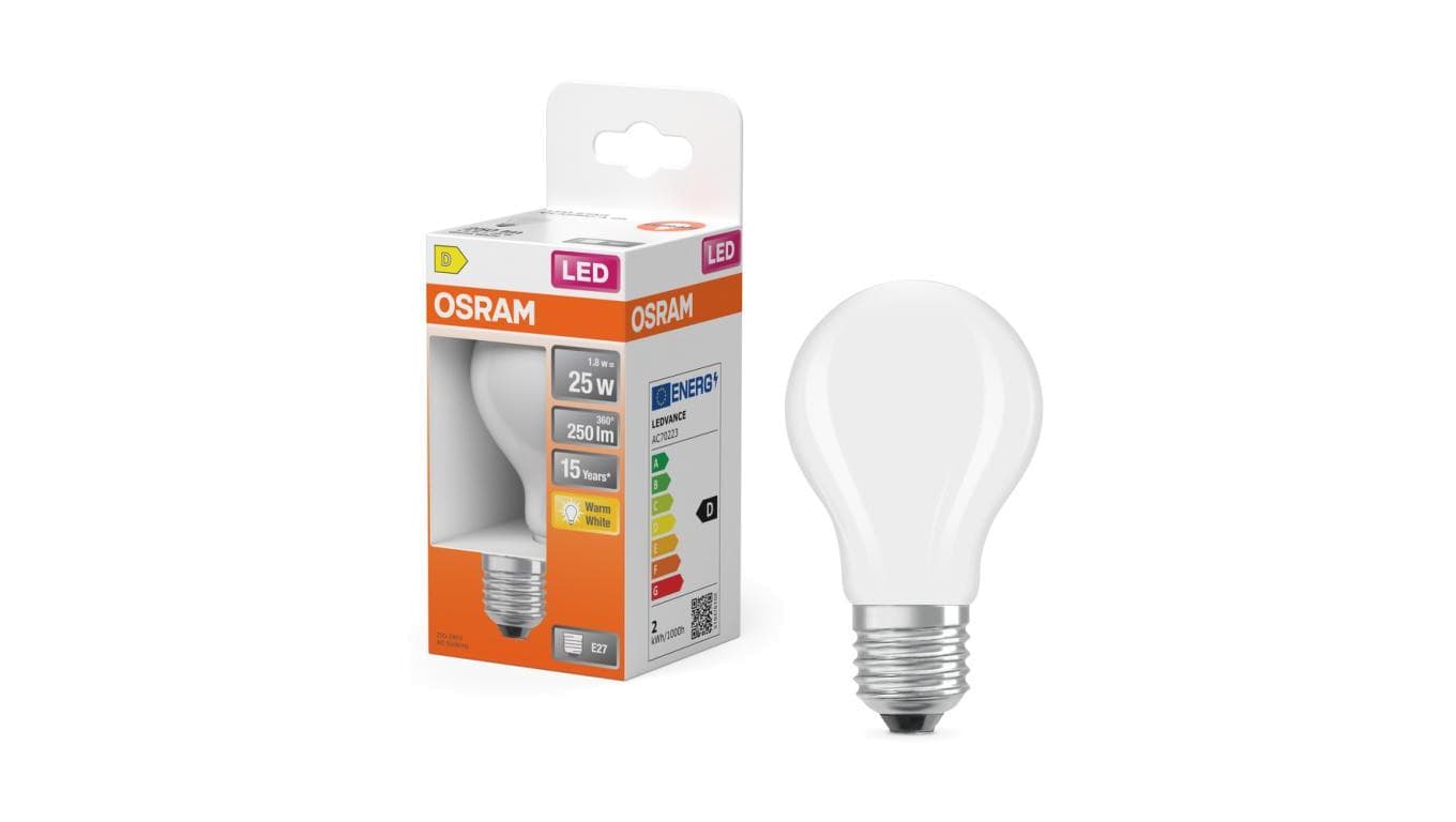 Żarówka LED OSRAM E27 A60 1.8W zamiennik 25W 250lm 2700K Ciepła 300 Klasa D 3 Lata Gwarancji