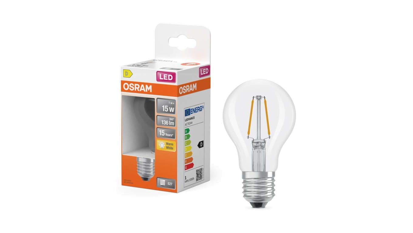 Żarówka LED OSRAM E27 A60 1W zamiennik 15W 136lm 2700K Ciepła 300 Filament Klasa D 3 Lata Gwarancji