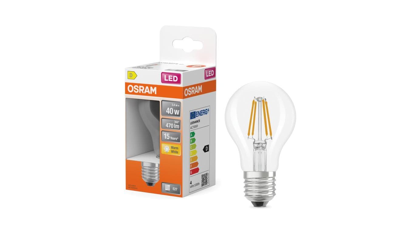 Żarówka LED OSRAM E27 A60 3.4W zamiennik 40W 470lm 2700K Ciepła 300 Filament Klasa D 3 Lata Gwarancji