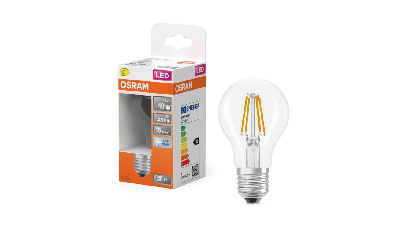 Żarówka LED OSRAM E27 A60 3.4W zamiennik 40W 470lm 4000K Neutralna 300 Filament Klasa D 3 Lata Gwarancji
