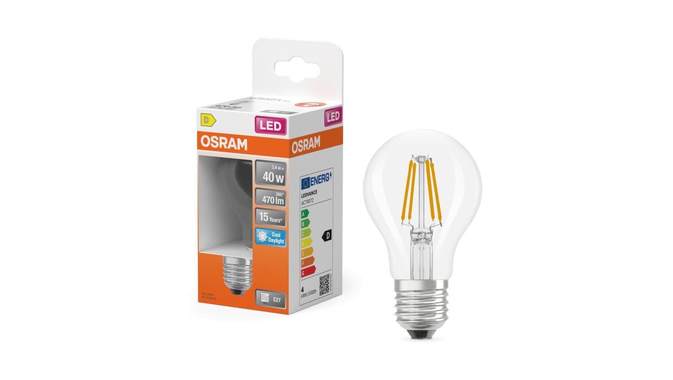 Żarówka LED OSRAM E27 A60 3.4W zamiennik 40W 470lm 6500K Zimna 300 Filament Klasa D 3 Lata Gwarancji