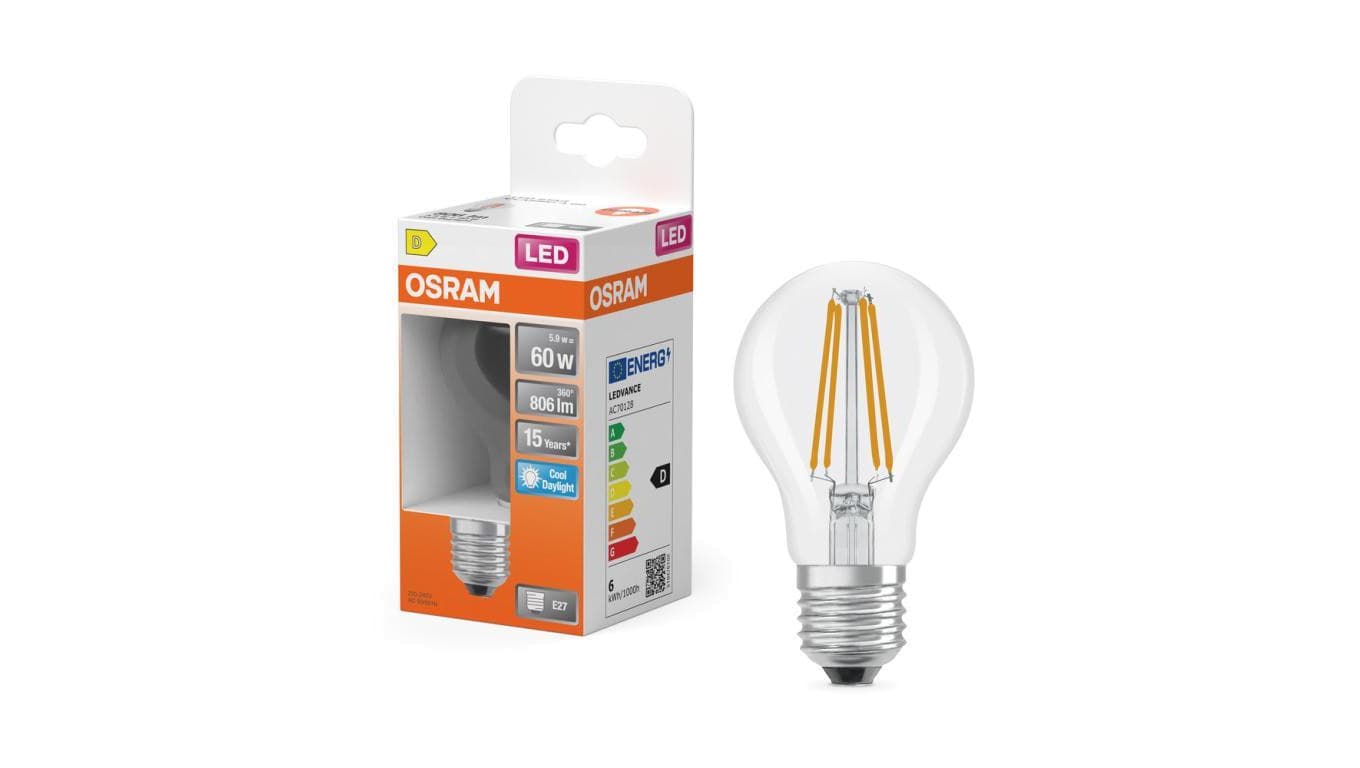 Żarówka LED OSRAM E27 A60 5.9W zamiennik 60W 806lm 6500K Zimna 300 Filament Klasa D 3 Lata Gwarancji