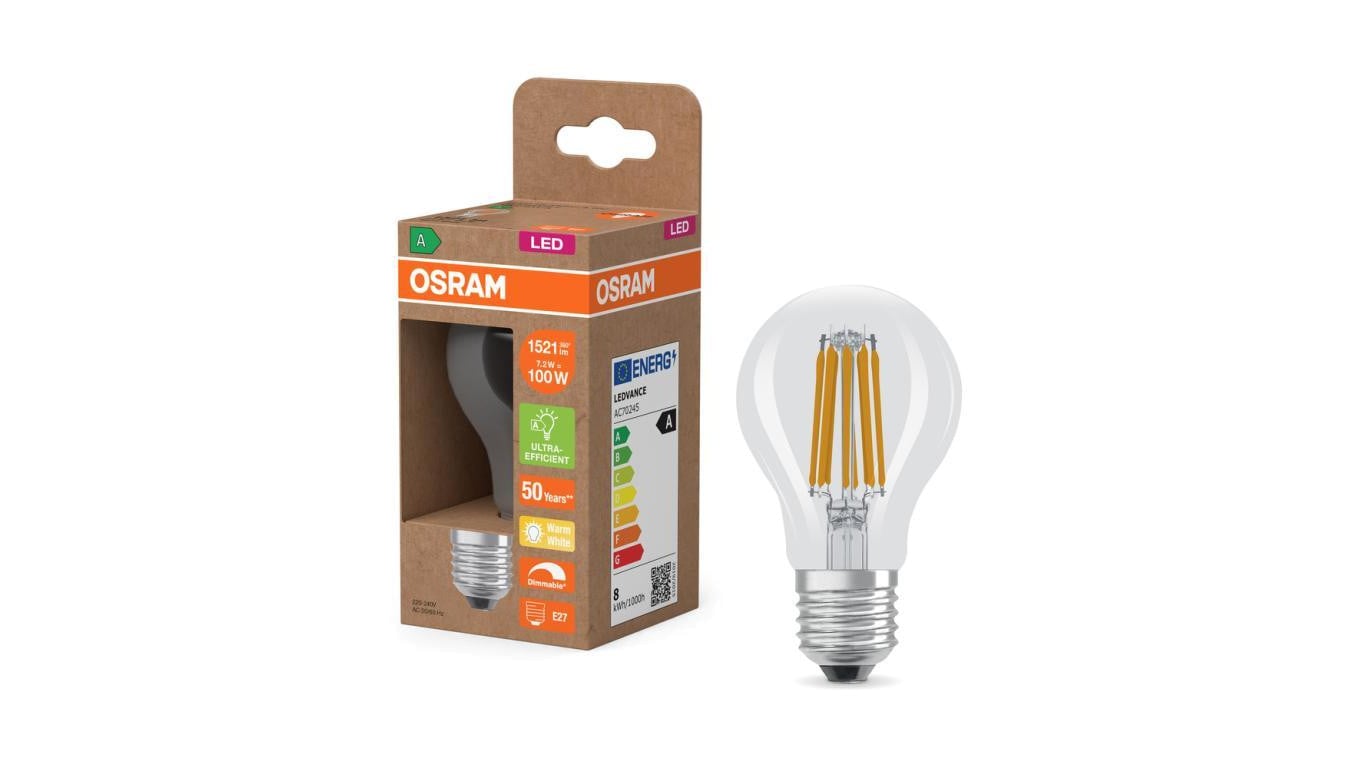 Żarówka LED OSRAM E27 A60 7.2W zamiennik 100W 1521lm 2700K Ciepła 300 Filament Ściemnialna Klasa A 5 Lat Gwarancji