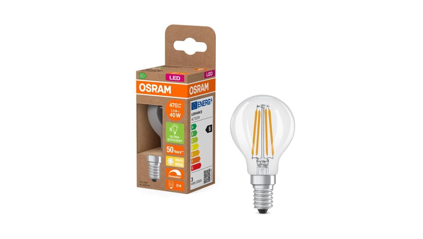 Żarówka LED OSRAM P45 E14 2.5W zamiennik 40W 470lm 2700K Ciepła 300 Filament Ściemnialna Klasa B 5 Lat Gwarancji