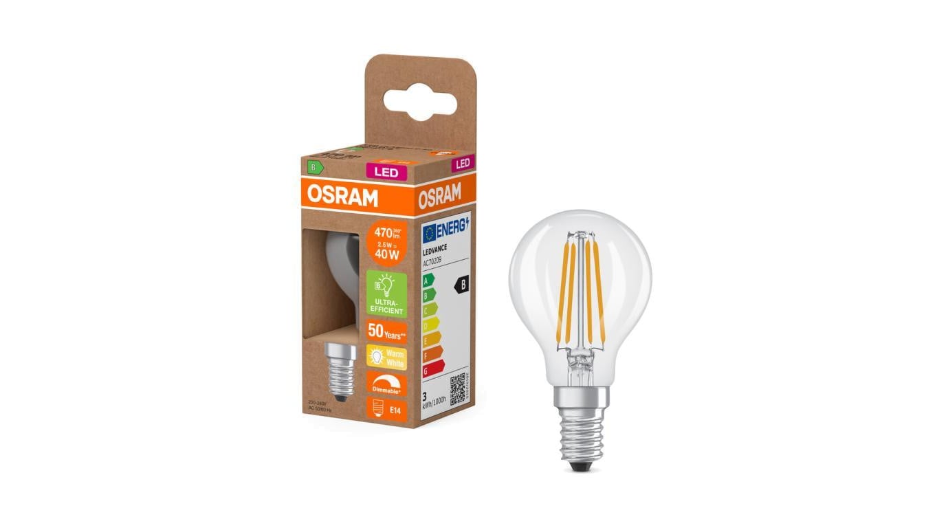 Żarówka LED OSRAM P45 E14 2.5W zamiennik 40W 470lm 2700K Ciepła 300 Filament Ściemnialna Klasa B 5 Lat Gwarancji