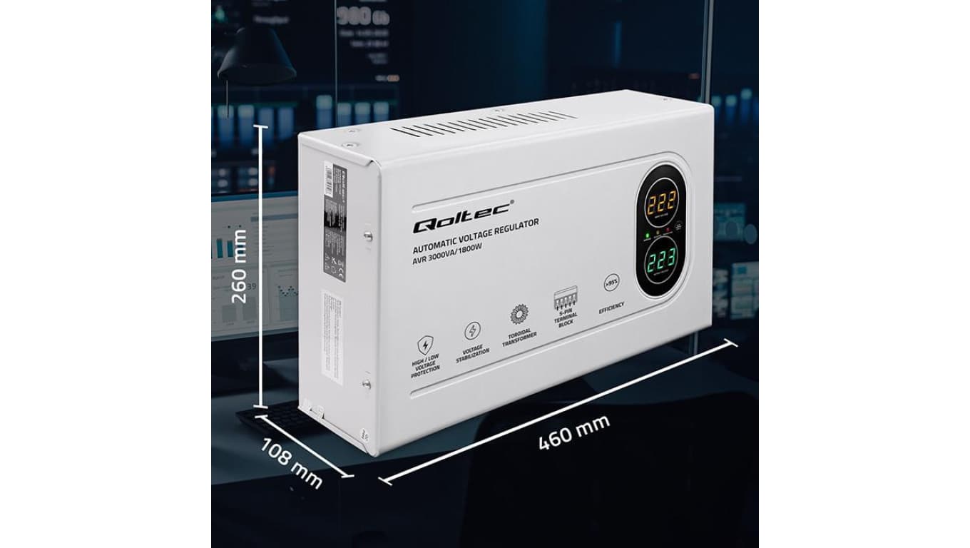Qoltec Automatyczny Stabilizator napięcia AVR 3000VA 1800W Compact Toroidalny transformator